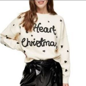 TopShop I Heart Christmas Sweater Top Print White Sz Medium Embellishments Cheer